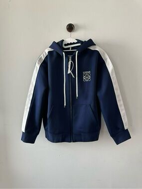 Loewe Navy Hoodie with White Shoulder Stripes